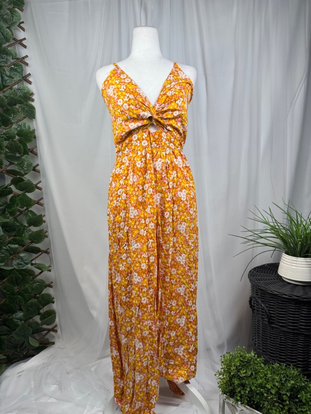 Floral Knot-Front Jumpsuit in Mustard Yellow